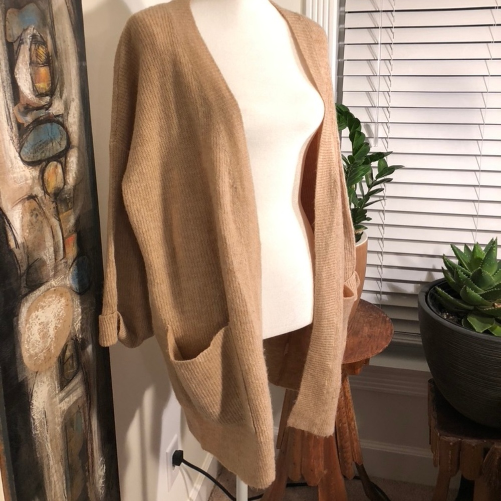 dip Straw Color Oversized Open Cardigan w/Pockets